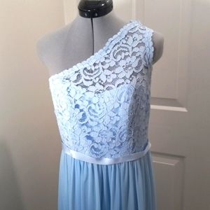 David's Light Blue, Off The Shoulder Formal Lace Chiffon Dress. Sz.8 or 10 Maxi
